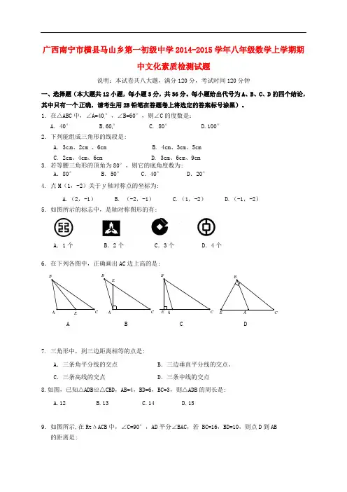 广西南宁市横县马山乡某知名学校八年级数学上学期期中文化素质检测试题 新人教版