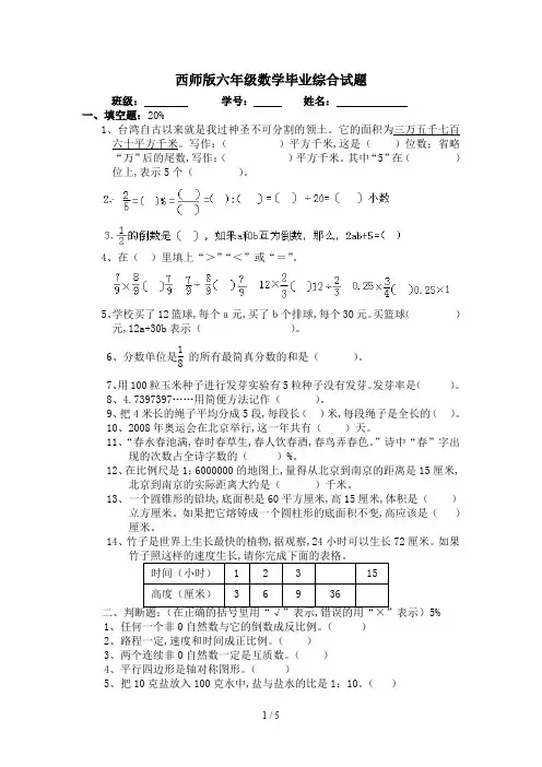 西师版六年级数学毕业综合试题