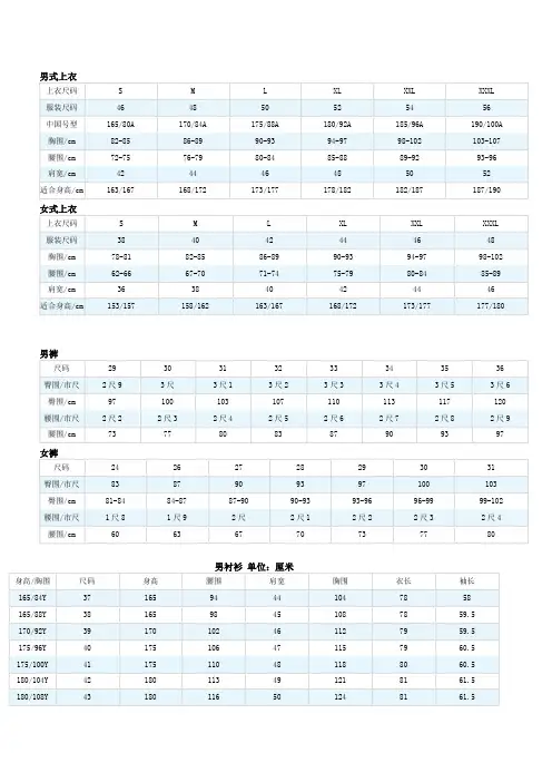 衣服尺码表