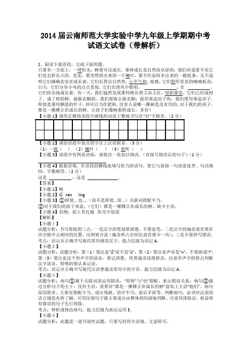 云南师范大学实验中学2013-2014学年九年级上学期期中考试语文试卷(纯word解析版)新人教版