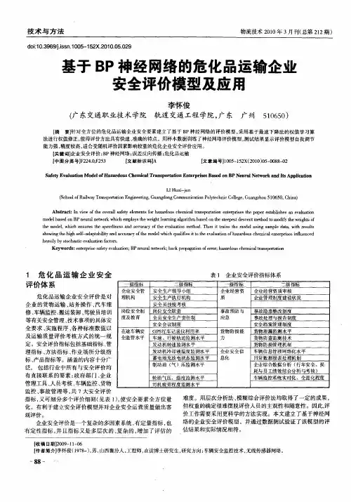 基于BP神经网络的危化品运输企业安全评价模型及应用