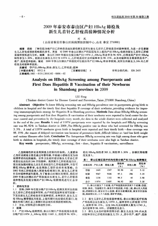 2009年泰安市泰山区产妇HBsAg筛检及新生儿首针乙肝疫苗接种情况分析