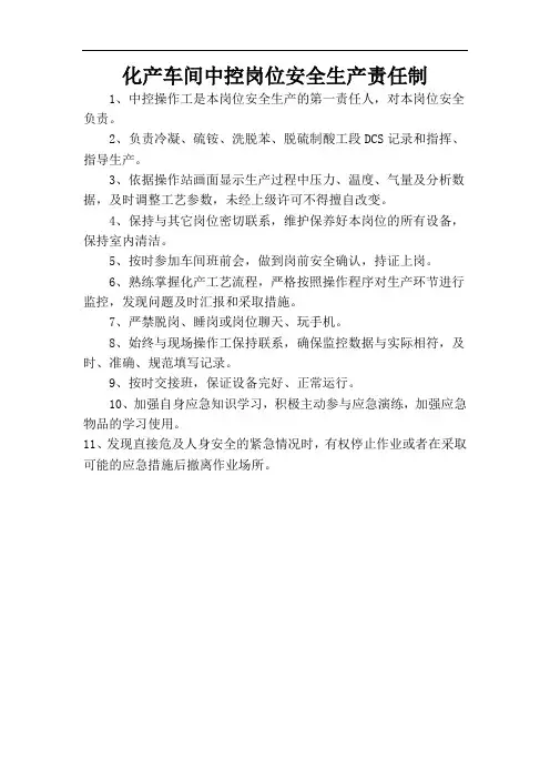 化产车间中控岗位安全生产责任制