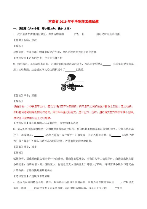 【2019年中考真题模拟】河南省2019年中考物理真题试题(含解析)