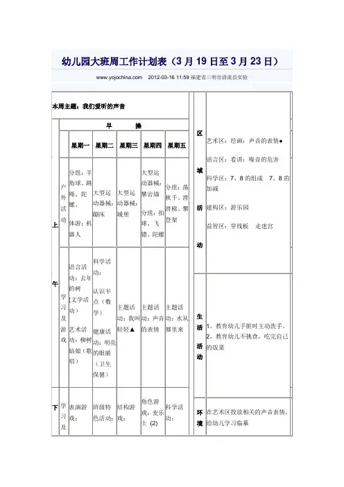 幼儿园大班周工作计划表