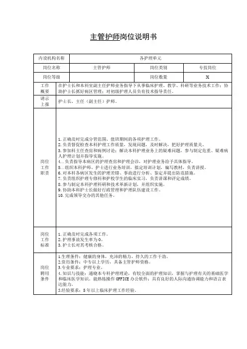 主管护师岗位说明书