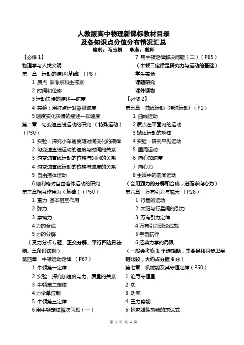 高中物理基本知识及在高考中所占分值分配