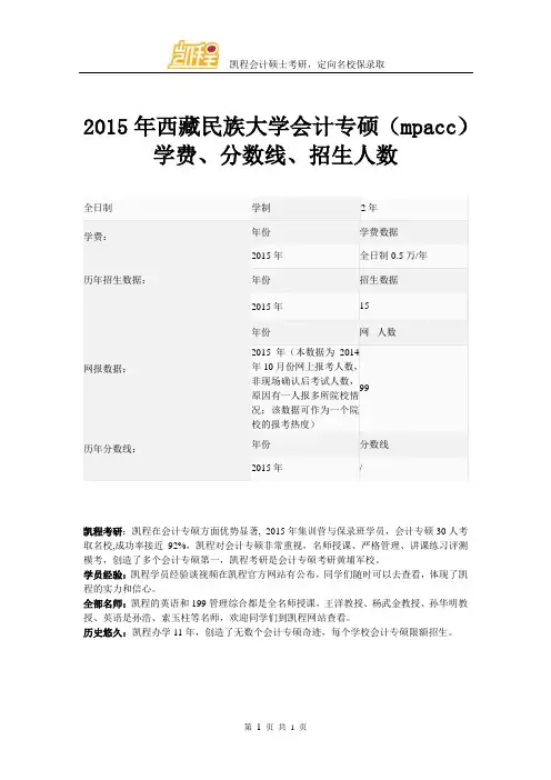 2015年西藏民族大学会计专硕(mpacc)学费、分数线、招生人数