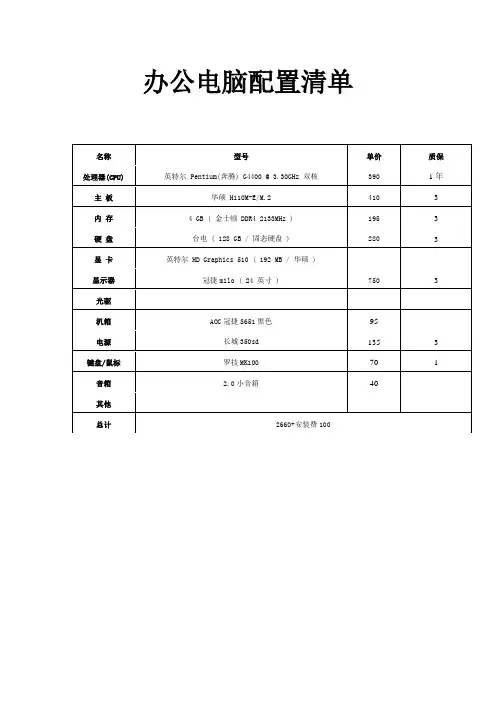 办公电脑配置清单