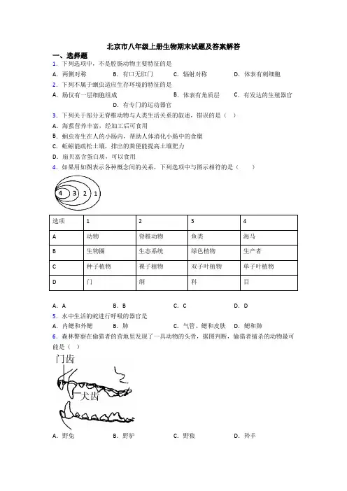 北京市八年级上册生物期末试题及答案解答