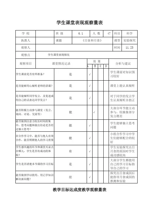 小学六年级上册科学《日食和月食》观察量表