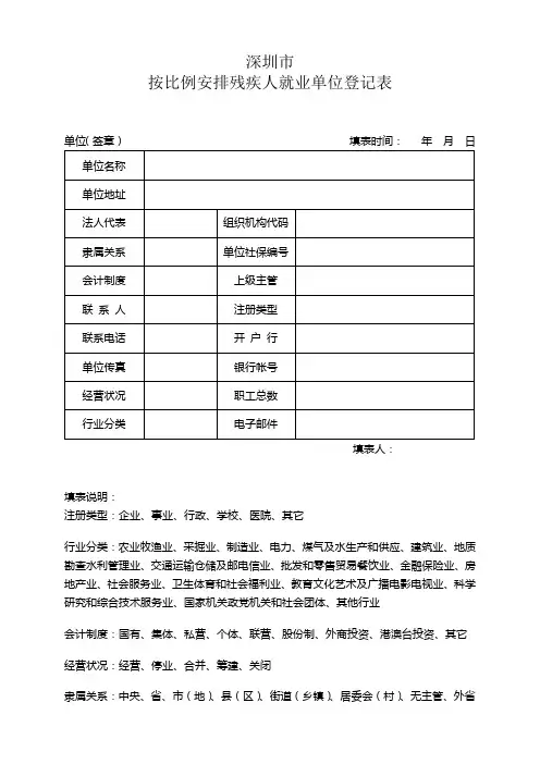 深圳市按比例安排残疾人就业单位登记表-深圳市
