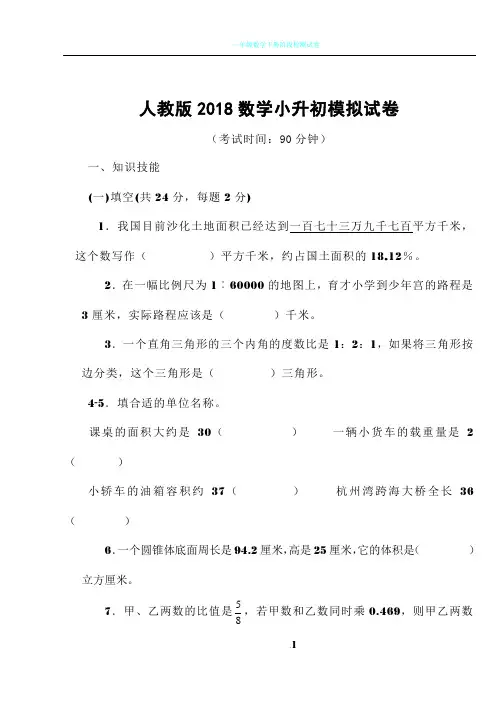 人教版2018数学小升初模拟试卷及答案
