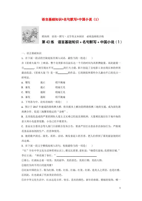 高考语文一轮复习模块四语基默写文学类文本阅读第43练语言基础知识名句默写中国小说(1)