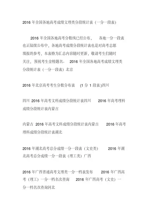 2016年全国各地高考成绩文理类分段统计表(一分一段表)(20201116210148)