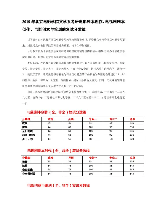 2019年北京电影学院文学系考研电影剧本创作、电视剧剧本创作、电影创意与策划的复试分数线