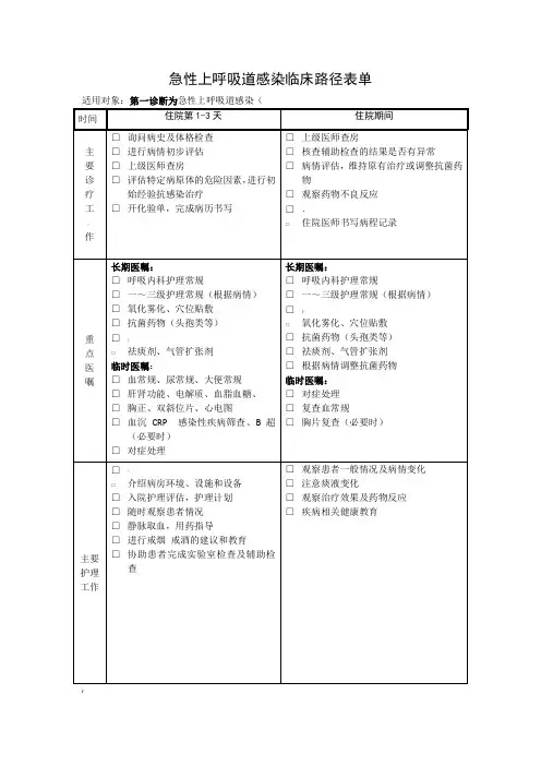 急性上呼吸道感染临床路径表单 2