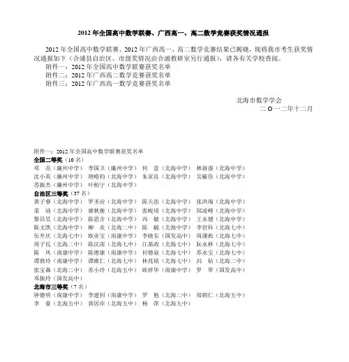 2012年全国高中数学联赛、广西高一、高二数学竞赛获奖情况通报