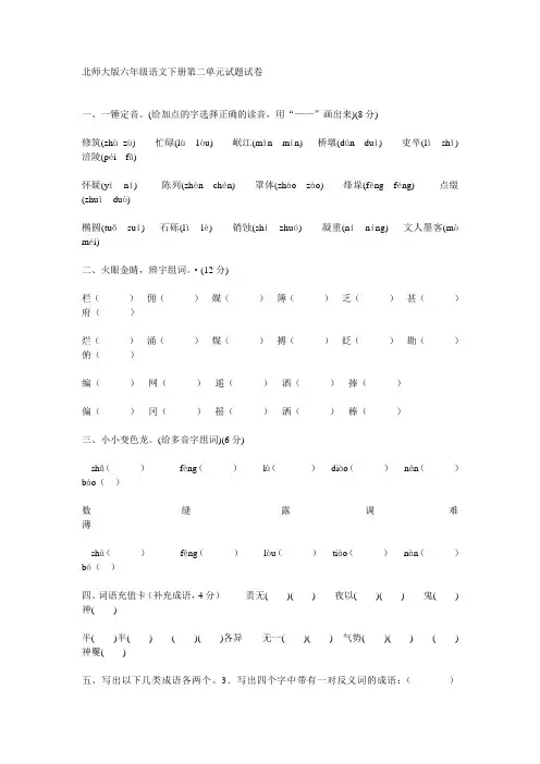 北师大版小学六年级下册语文第二单元试卷