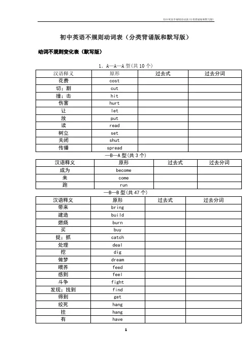 初中英语不规则动词表(分类背诵版和默写版)