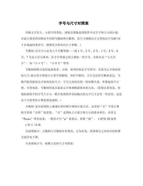 字号与尺寸对照表