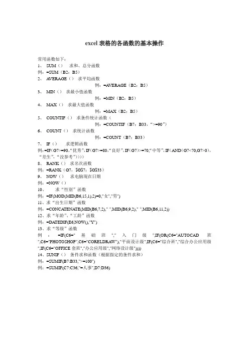 excel表格的各函数常用函数