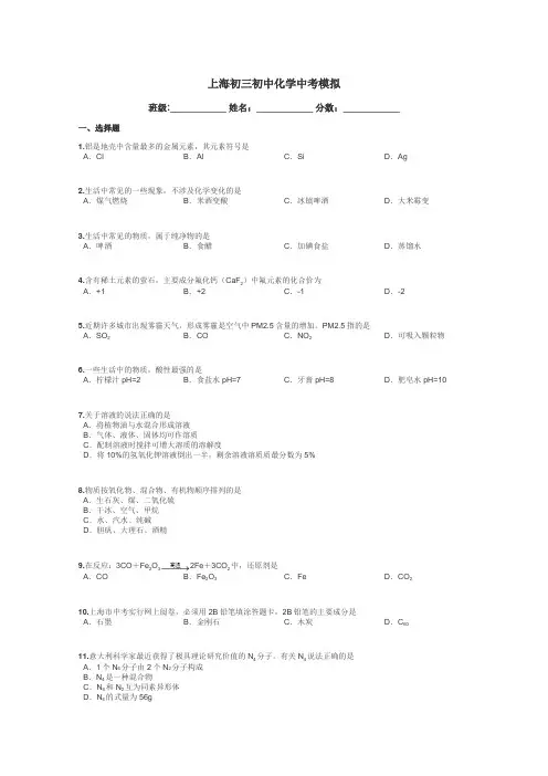上海初三初中化学中考模拟带答案解析
 3