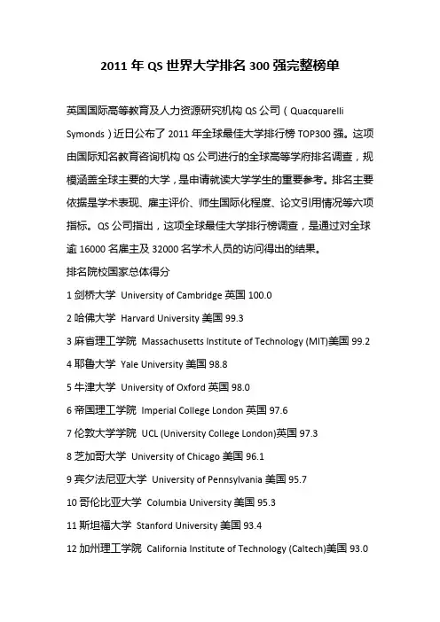 2011年QS世界大学排名300强完整榜单