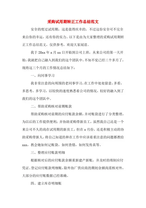 2019年采购试用期转正工作总结范文