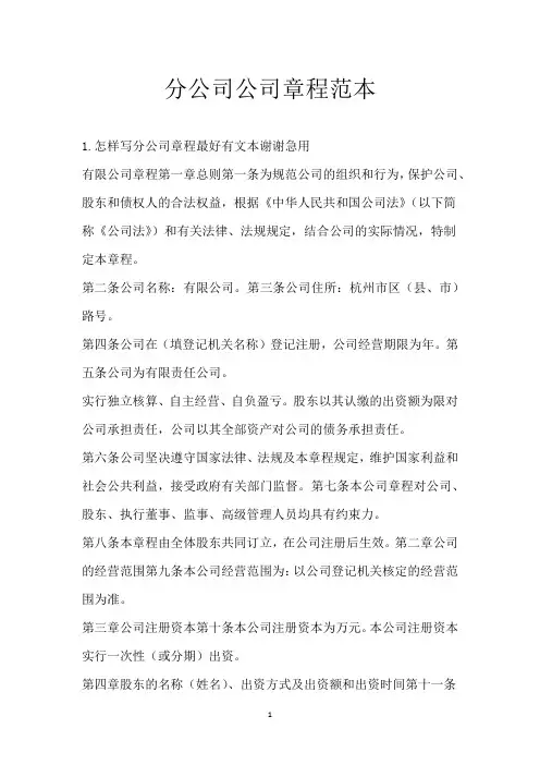 分公司公司章程范本