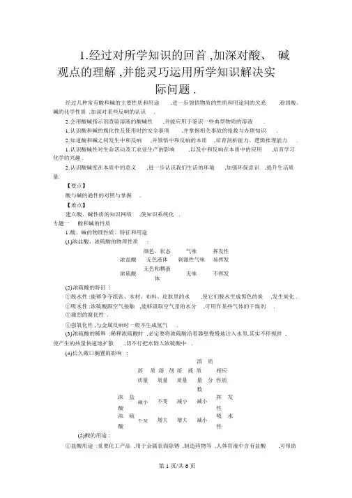 人教版化学九年级下册第十单元酸和碱单元复习教案