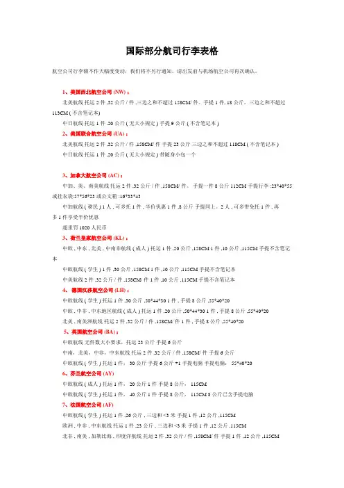 国际航司行李规定