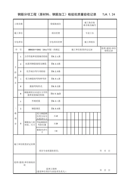 TJ4_1_24_钢筋分项工程(原材料、钢筋加工)检验批质量验收记录 GB50204-2002(2011年版)