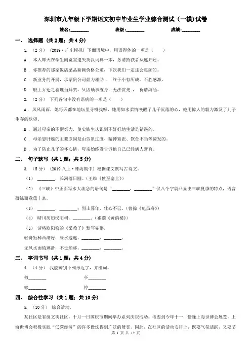 深圳市九年级下学期语文初中毕业生学业综合测试(一模)试卷
