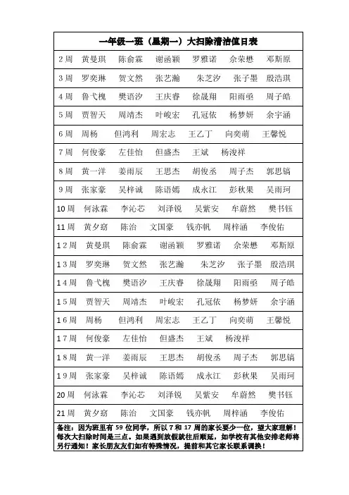 一年级一班星期一大扫除值班表