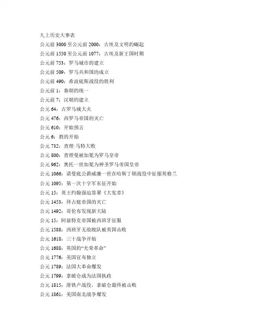 九上历史大事年表