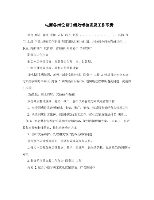 电商各岗位KPI绩效考核表及工作职责