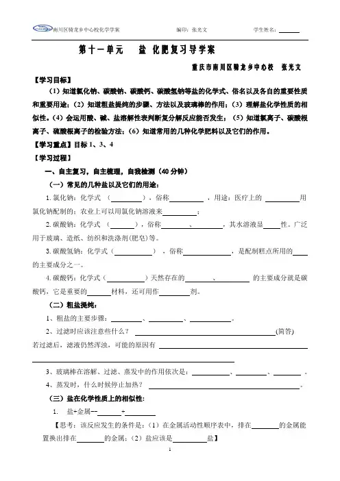 初三化学第11单元盐和化学肥料复习学案