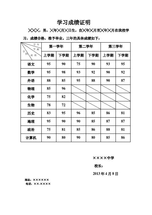 高中毕业生学习成绩证明