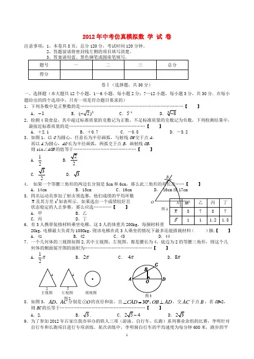 辽宁省沈阳市第20中学2012年中考数学下学期仿真模拟