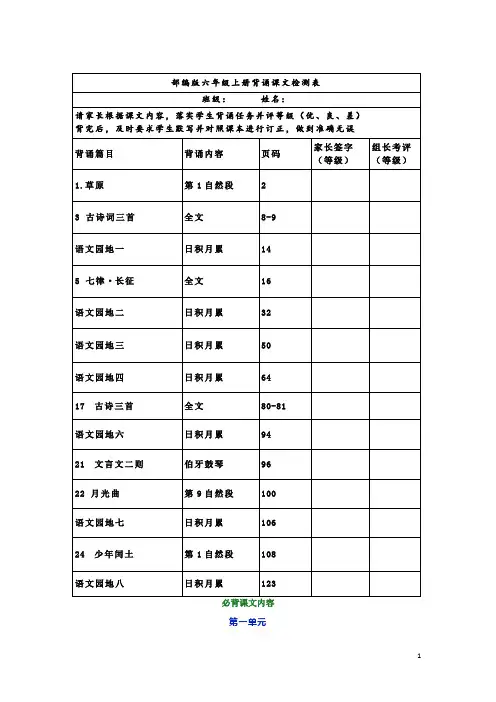 部编版六年级语文上册课文背诵闯关表及必背内容汇总