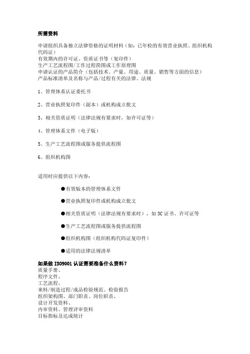 ISO9001认证所需资料