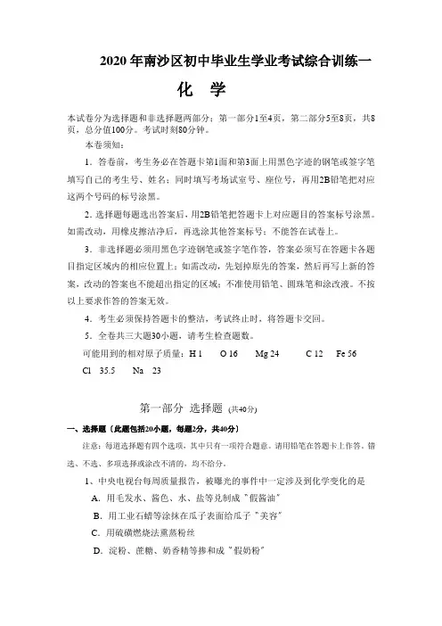 2020年南沙区初中毕业生学业考试综合训练一