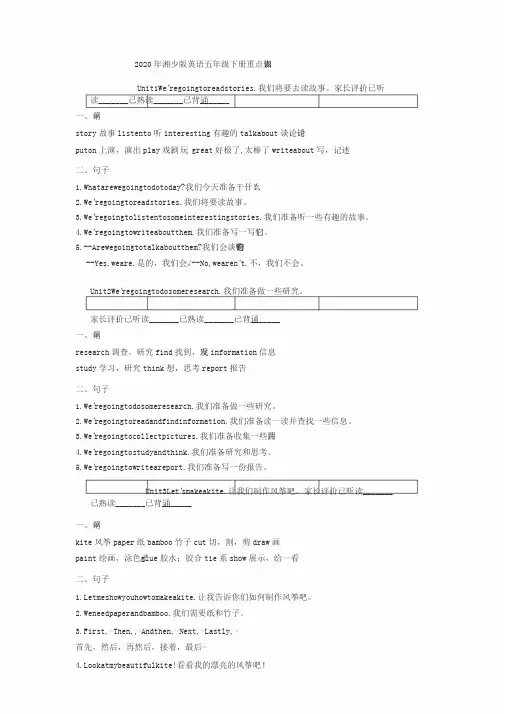 2020年湘少版五年级下册英语各单元重点知识表