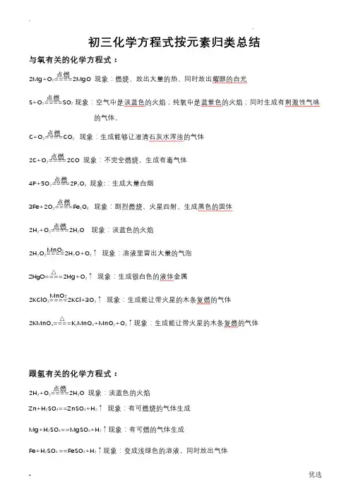 初中化学方程式及其反应现象大全