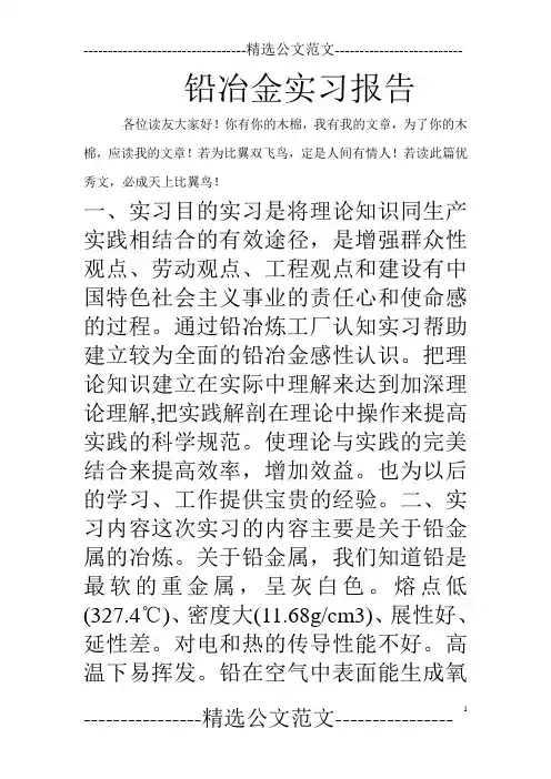 铅冶金实习报告
