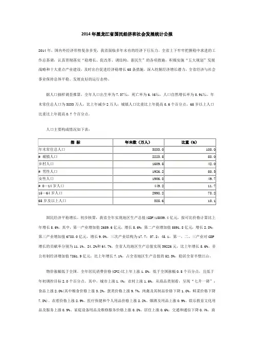 2014年黑龙江省国民经济和社会发展统计公报