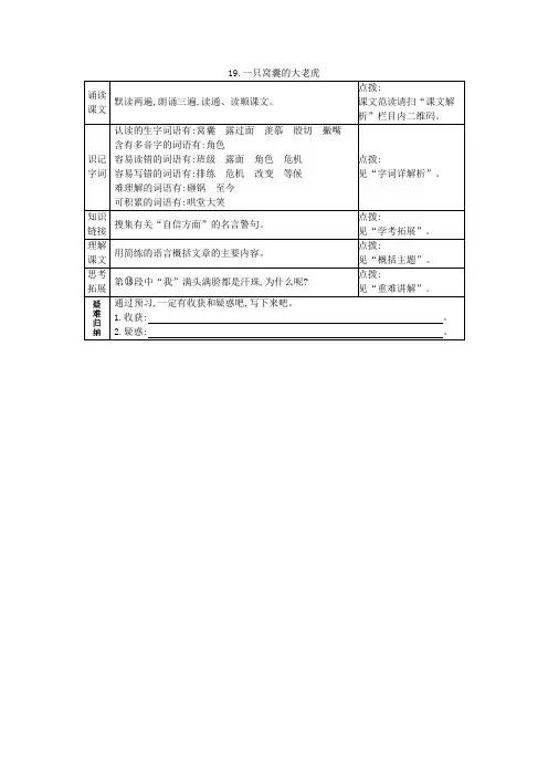 部编版四年级语文上册19一只窝囊的大老虎 预习作业