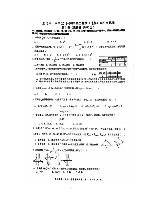 福建省厦门双十中学2018-2019学年高二下学期期中考试数学(理)试题 扫描版含答案