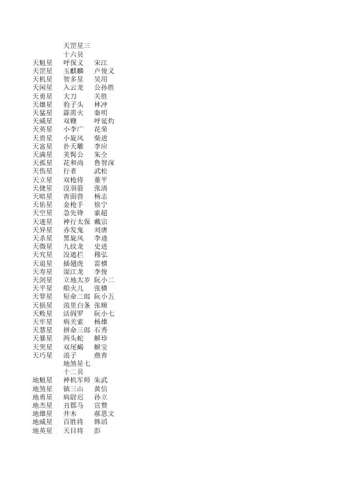 梁山好汉一百零八位座次表